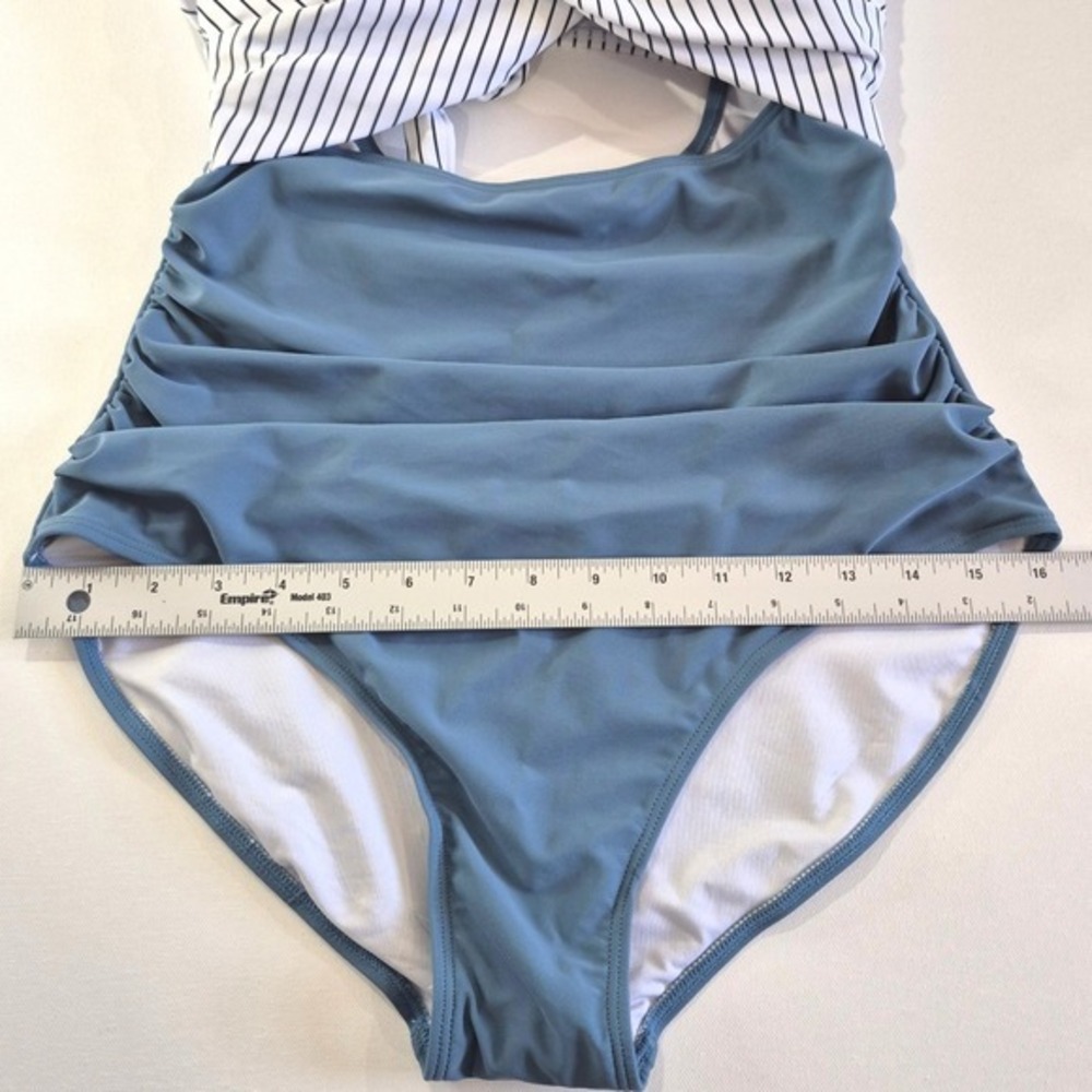 Eomenie Womens One Piece Swimsuit Blue White Striped Ruched Tummy Control Large - Picture 2 of 6